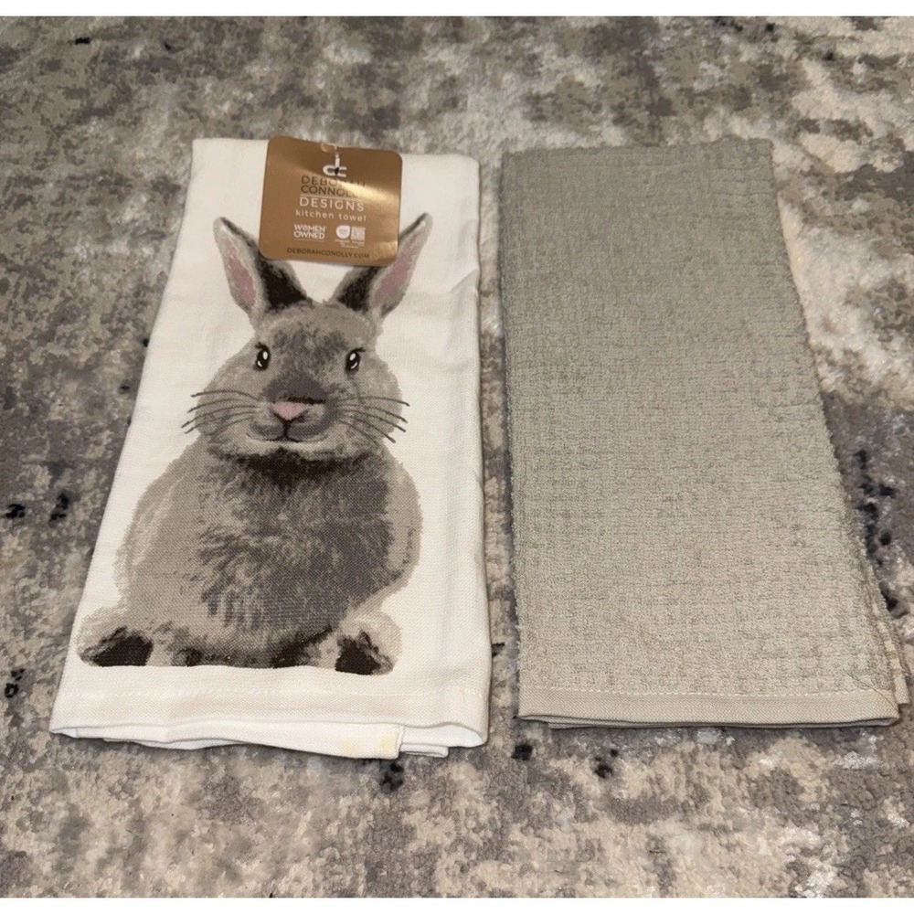 DEBORAH CONNOLLY Set 2 KITCHEN TOWELS BUNNY RABBITS GRAY WHITE‎ New
